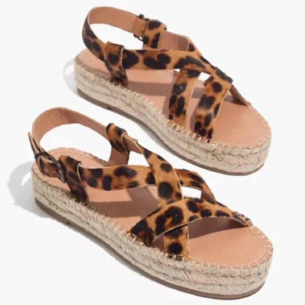 Madewell Malia Leopard Print Strappy Espadrille Sandals Calf Hair​​